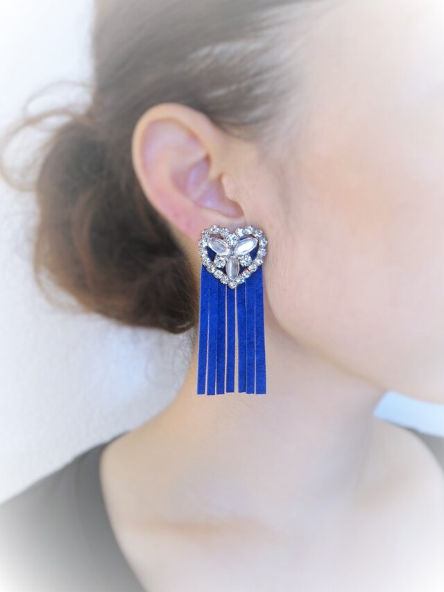 ヴィンテージイヤリング ハートフリンジ ブルー vintage earrings heart <ER-HBL>の画像1枚目