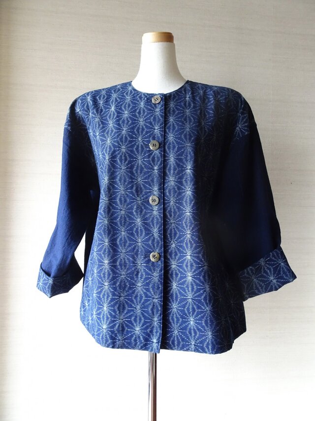 手織り久留米絣：麻の葉のチュニック・プラウス（W-30）