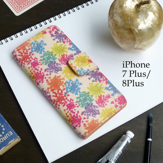 iPhone7Plus/8Plus アイフォンケース 手帳型(ビビット レースフラワー) 牛革 ILL-1139の画像1枚目