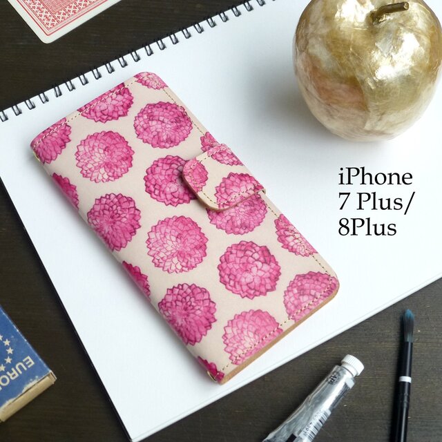 iPhone7Plus/8Plus アイフォンケース 手帳型(ダリア ドット) 牛革 ILL-1139の画像1枚目