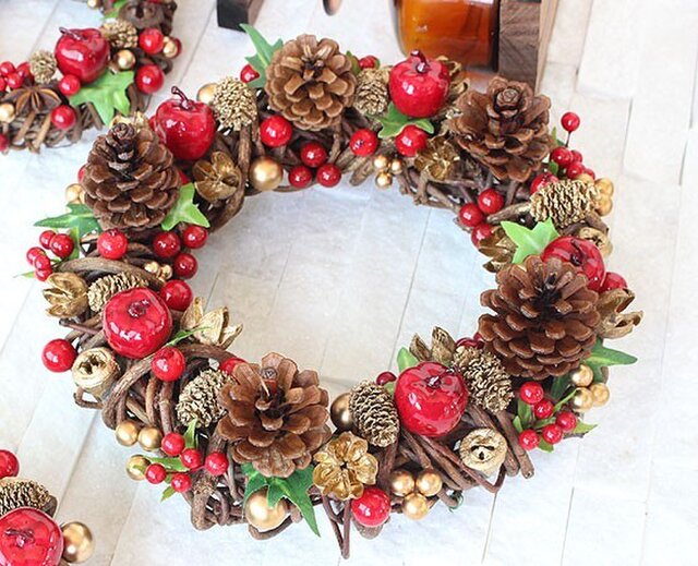 りんご・松ぼっくり・レッド・赤・ゴールド・金・リース (28R12