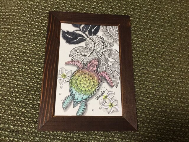現代アート【亀】A5サイズ額縁つき 絵画 額入り 壁掛け F6 花鳥画 秋飾り 複製画 額飾り1枚 日本画