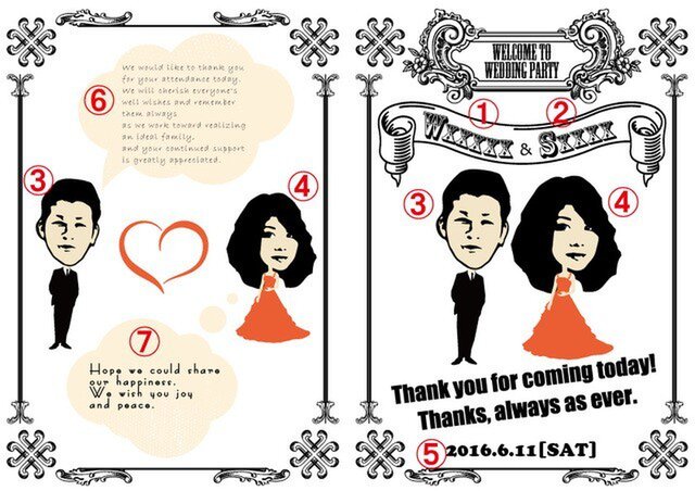 250円似顔絵・写真入れオーダーメイド席次表 二つ折り☆送料無料