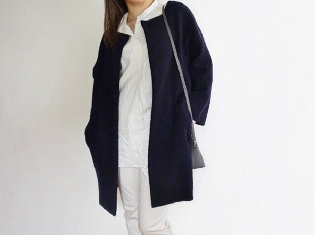 SALE30%OFF 強縮絨ニット ノーカラーコーディガン<ネイビー>の画像1枚目