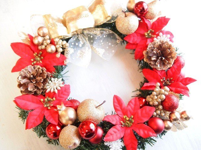 赤＆ゴールドがドラマティックなクリスマスリース04 | iichi