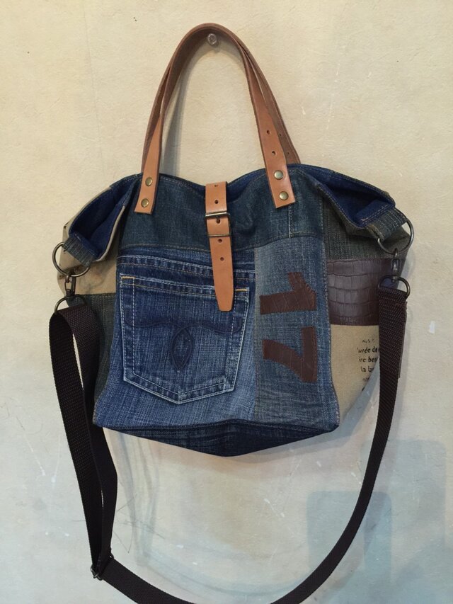 送料無料60's ginza cube bag<デニムリメイク>Mサイズ ショルダー紐付きの画像1枚目