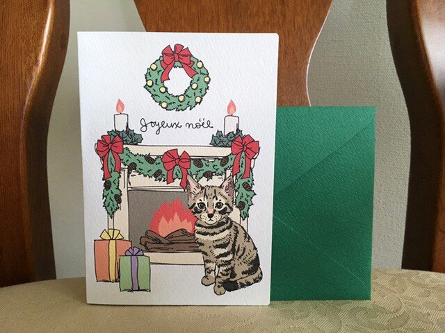 クリスマスカード*暖かい暖炉の前で~キジトラ猫~2セットの画像1枚目