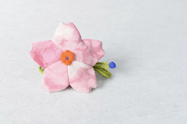 小さな巾着袋/みこ花「さくら色」(花軸色:だいだい) mi-6a/リメイク着物 sold outの画像1枚目