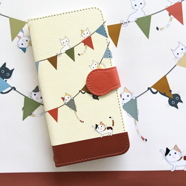 ネコとガーランド スマホケース 手帳型 【受注生産】アンドロイド iPhoneの画像1枚目