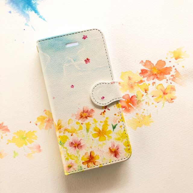 お花畑 スマホケース 手帳型 【受注生産】アンドロイド iPhoneの画像1枚目