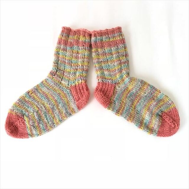 ウール手編み靴下【22~24cm】レインボーの画像1枚目