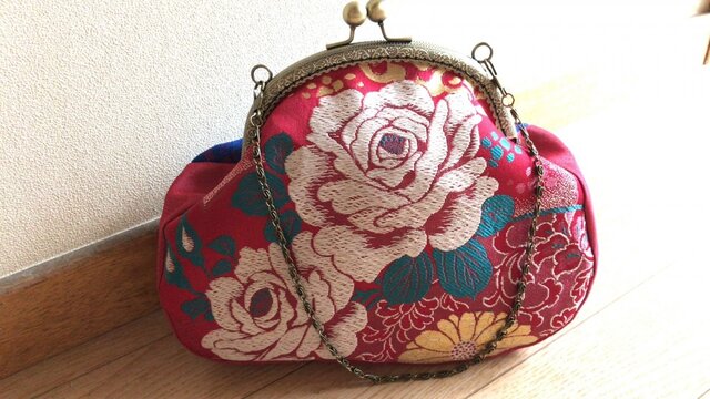 がまぐちチェーンバッグ・ 帯地 薔薇とレースでの画像1枚目