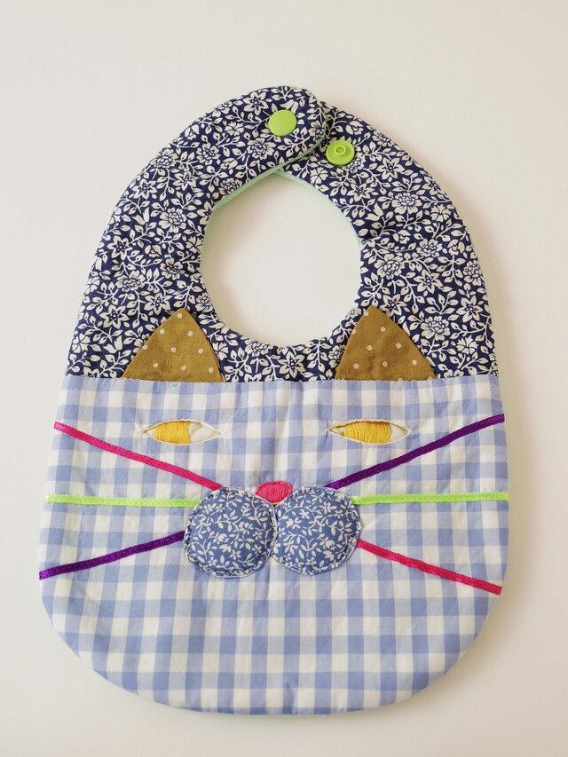 CAT BIB (S) / blue flower×blue gingham checkの画像1枚目