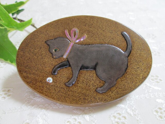 蒔絵手鏡 銀色の猫とカタツムリの画像1枚目
