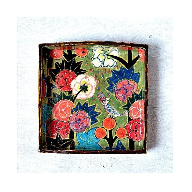 立葵と鳥の色絵箱皿(金継)の画像1枚目