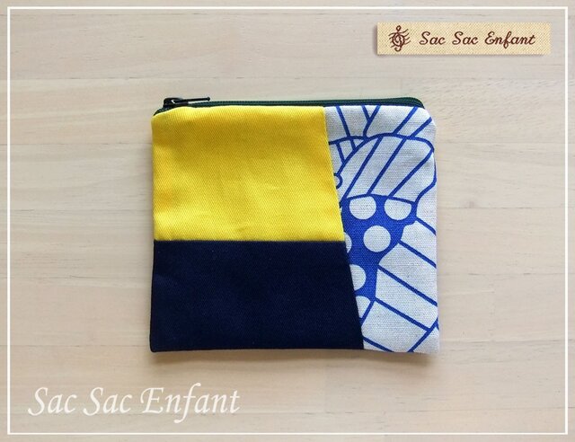 フラットポーチ SSサイズ Ligne Fleur(リーニュ・フルール)パッチワーク ネイビー×イエローの画像1枚目