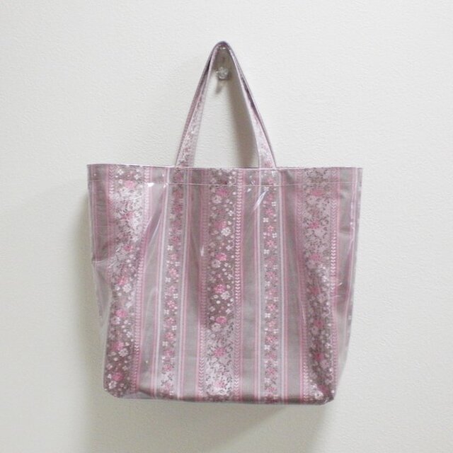 Bagビニール大/ボーダーのキラリ♪花刺繍(ピンク)の画像1枚目