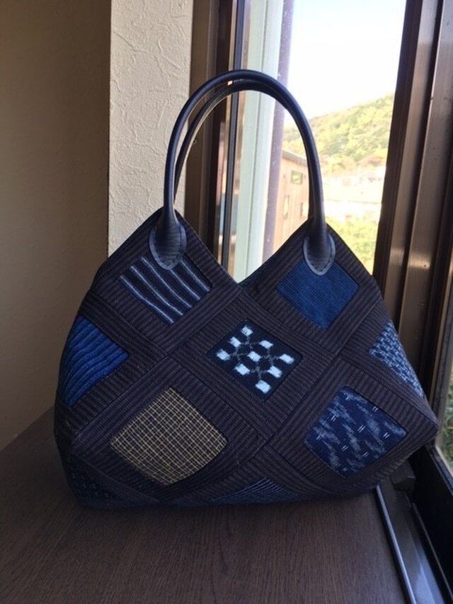 古布絣　はめ込み手さげ