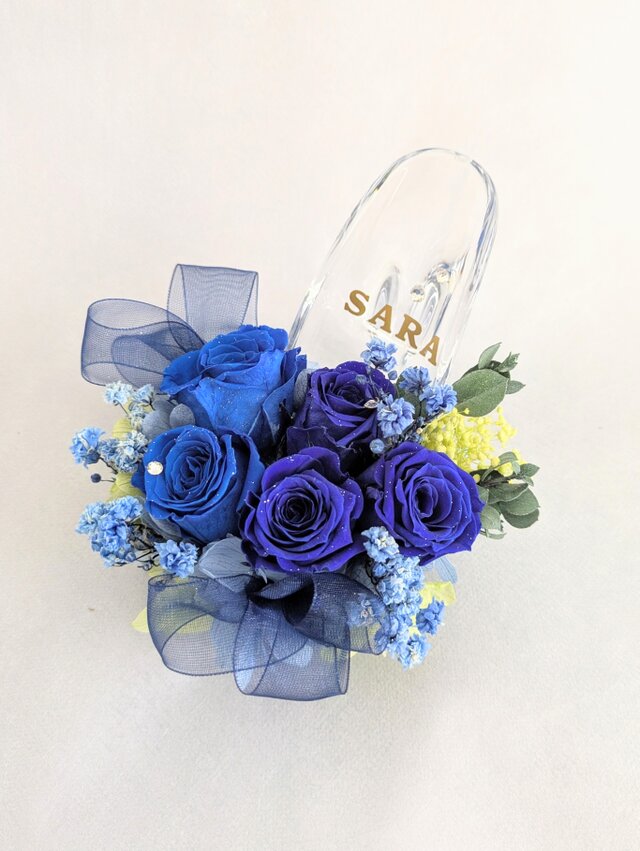 【プリザーブドフラワー／ガラスの靴ミニシリーズ】青い薔薇のミニサイズのガラスの靴【リボンラッピング付き】