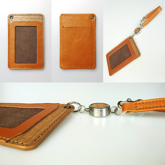 5色] 木と革のパスケース（ベルトとキーリール付）ICカード使用可