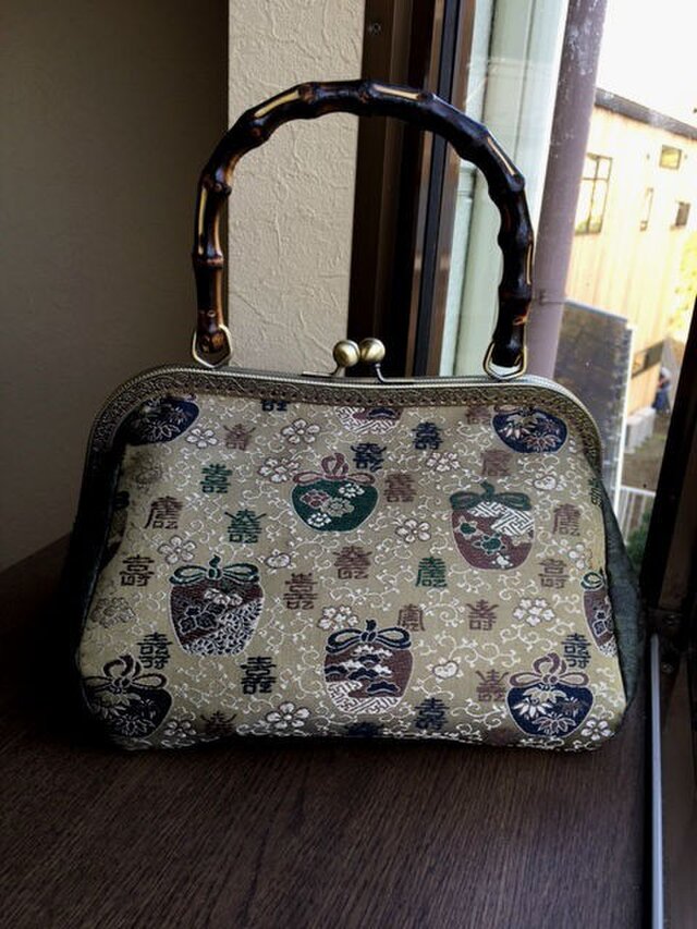 竹の手がま口手提げ　茶入柄ツートン