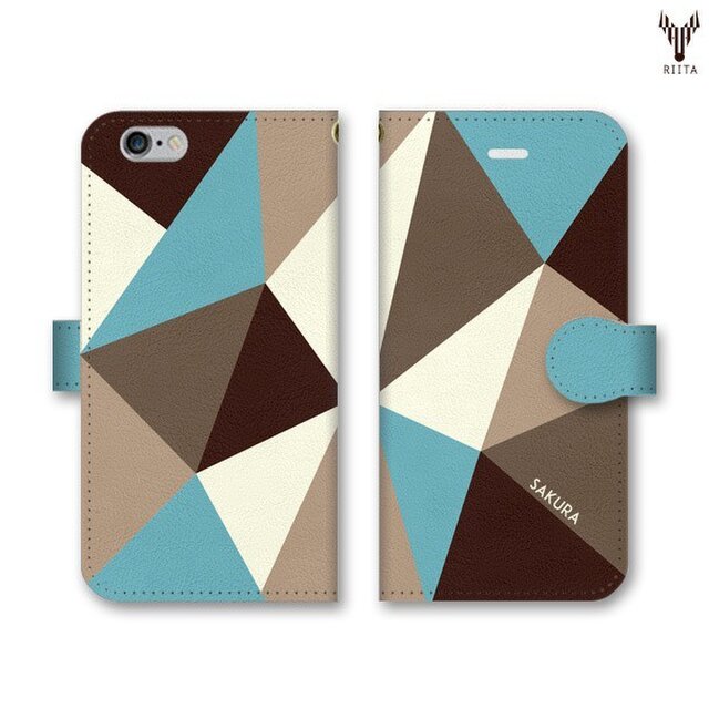 手帳型 三角 模様のスマホケース　トライアングル　ブラウン×ターコイズ