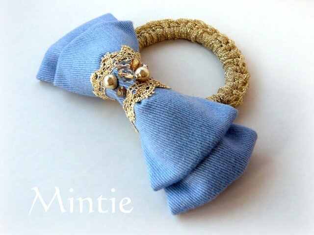 【SALE】リボンのシュシュブレス(ブルー)の画像1枚目