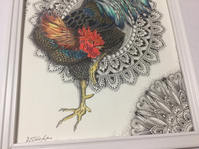 ボールペンアート ニワトリ 額装付き 百貨店作家 縁起物 鳥 トリ 鶏