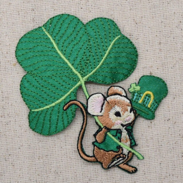 アップリケワッペン セントパトリックデー マウス クローバー シャムロック ねずみ 鼠 シロツメクサ   W-0982