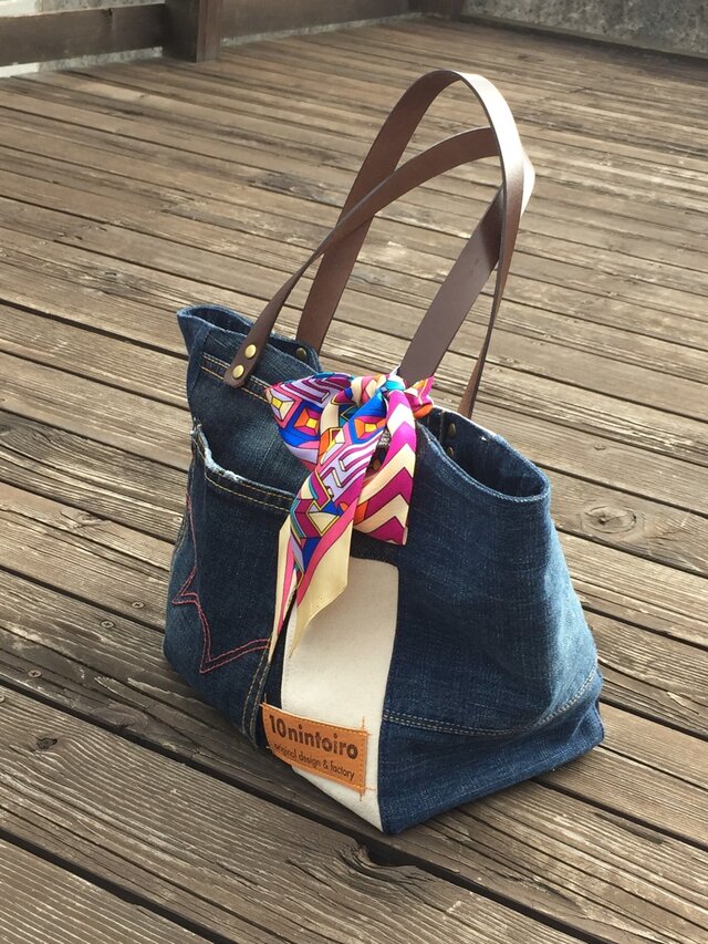 60's ginza cube bag＜デニムリメイク>Mサイズ シルクスカーフピンク