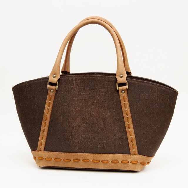 柿渋染め『壺渋』帆布バッグ 蔵出し骨董布「ななかまどG」トート 帆布生地   kiki-117G 革キャメル・ステッチキャメル