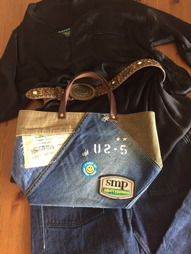 コラージュデニムトート  Ｍサイズ #０４ コーデュロイカーキ 茶