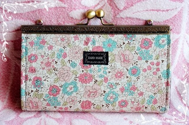 ハンドメイド がま口親子長財布 ディジードット柄 花柄 財布