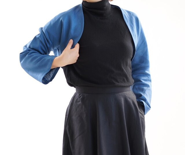 【wafu】中厚 リネン ボレロ ベルスリーブ マーガレット アウター 羽織 長袖 短い丈 / ブルー マリーヌ b6-5の画像1枚目