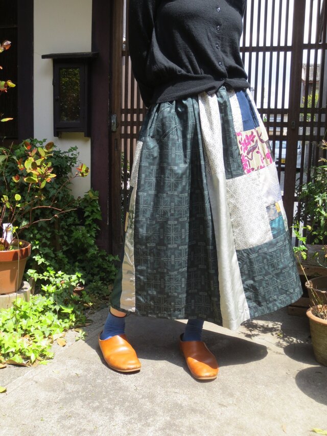 大島紬リメイク☆色々な紬や銘仙パッチ♪大人な初夏のロングスカート-