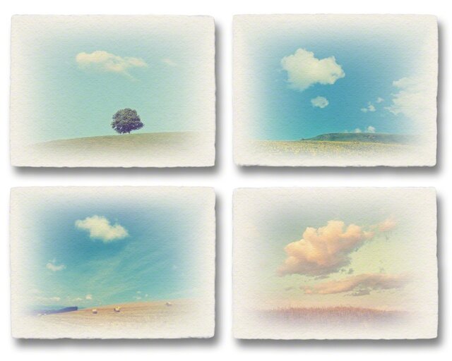 かわいい和紙の立体アートパネル「丘と雲x4枚セット」(18x13.5cm)の画像1枚目