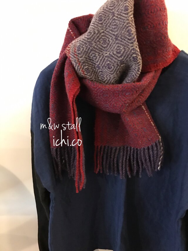 ｍ＆W手織りマフラー(赤×紫)