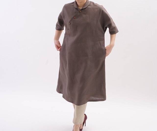 【wafu】中厚 リネンワンピース Ao dai ショールカラー ドルマンスリーブ/ヴァンダイク ブラウン a047b-vbn2の画像1枚目