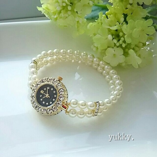 <受注制作>ブレス腕時計＊石付(パール･クリーム系ゴールド)･Aブラック