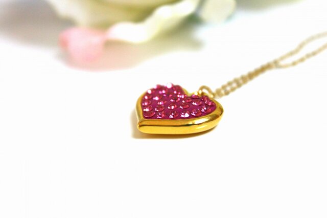 リバーシブル♪スワロフスキー♡ぷっくりハートのネックレス ローズ
