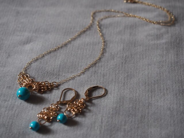 14kgfアリゾナ産ターコイズチェーンメイルネックレス k14gfトルコ石