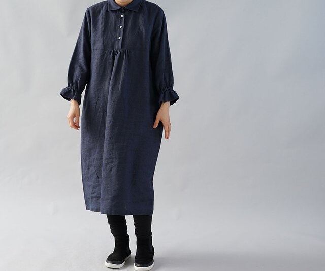 【wafu+】厚地 起毛 暖かい リネンワンピース カッタウェイ シャツ フロントギャザー / ネイビー a031c-neb3の画像1枚目