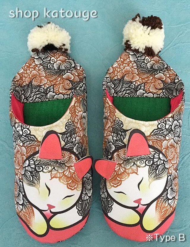 花柄三毛猫バブーシュ(B)大きいサイズの画像1枚目