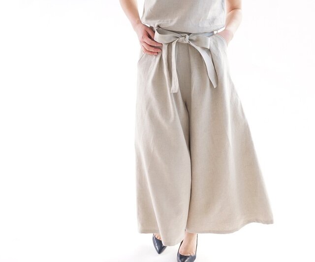 【wafu】中厚 リネン パンツ ワイドキュロット スカーチョ 紐付き 後ろゴム / 亜麻ナチュラル b006c-amn2の画像1枚目
