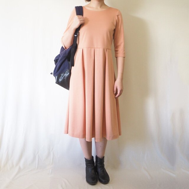 【S】アーミッシュ風シンプルワンピース◇七分袖（サーモンピンク）