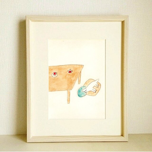 犬の絵｜原画「昼下がり」※木製額縁入り（八つ切りサイズ）
