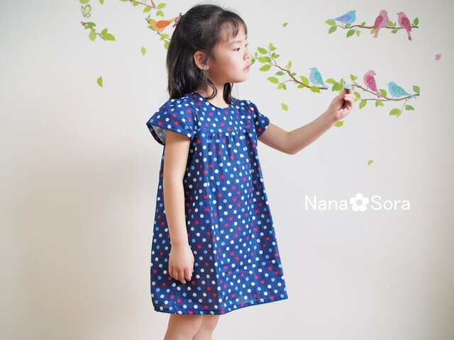 size100/110 ダブルガーゼのサマーワンピース マリンドット ネイビーの画像1枚目