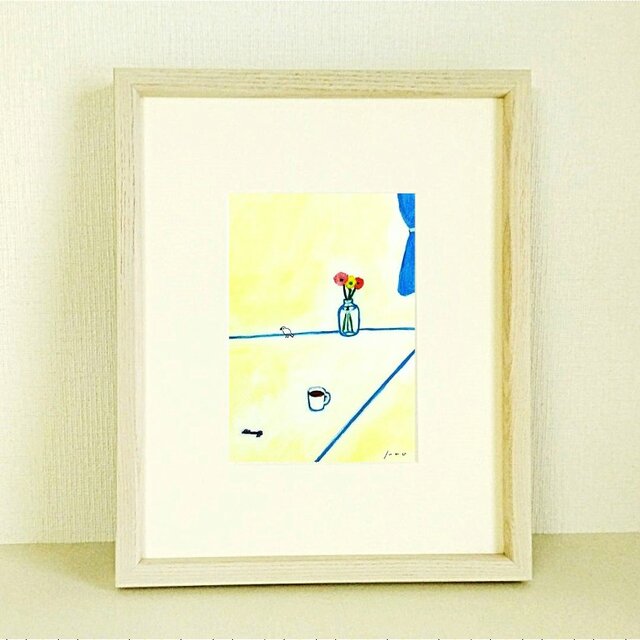 原画「ガーベラとコーヒー」※木製額縁入り（インチサイズ）