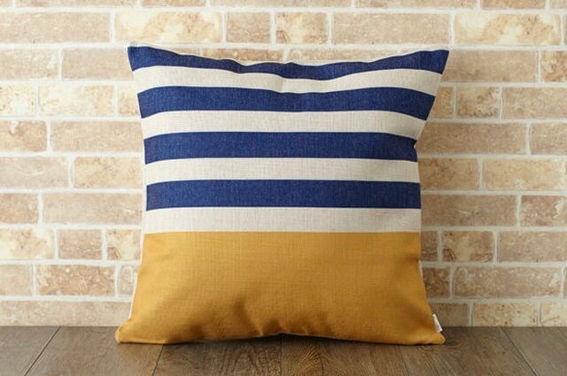 クッションカバー 45×45cm 北欧柄 リネン ビッグイエローネイビーボーダー jubileecushionse506の画像1枚目