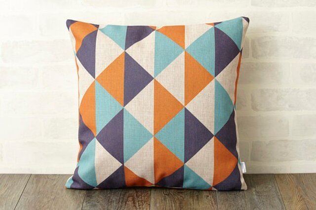 クッションカバー 45×45cm 北欧 天然リネン オレンジブルーダイヤモンド jubileecushionse370aの画像1枚目
